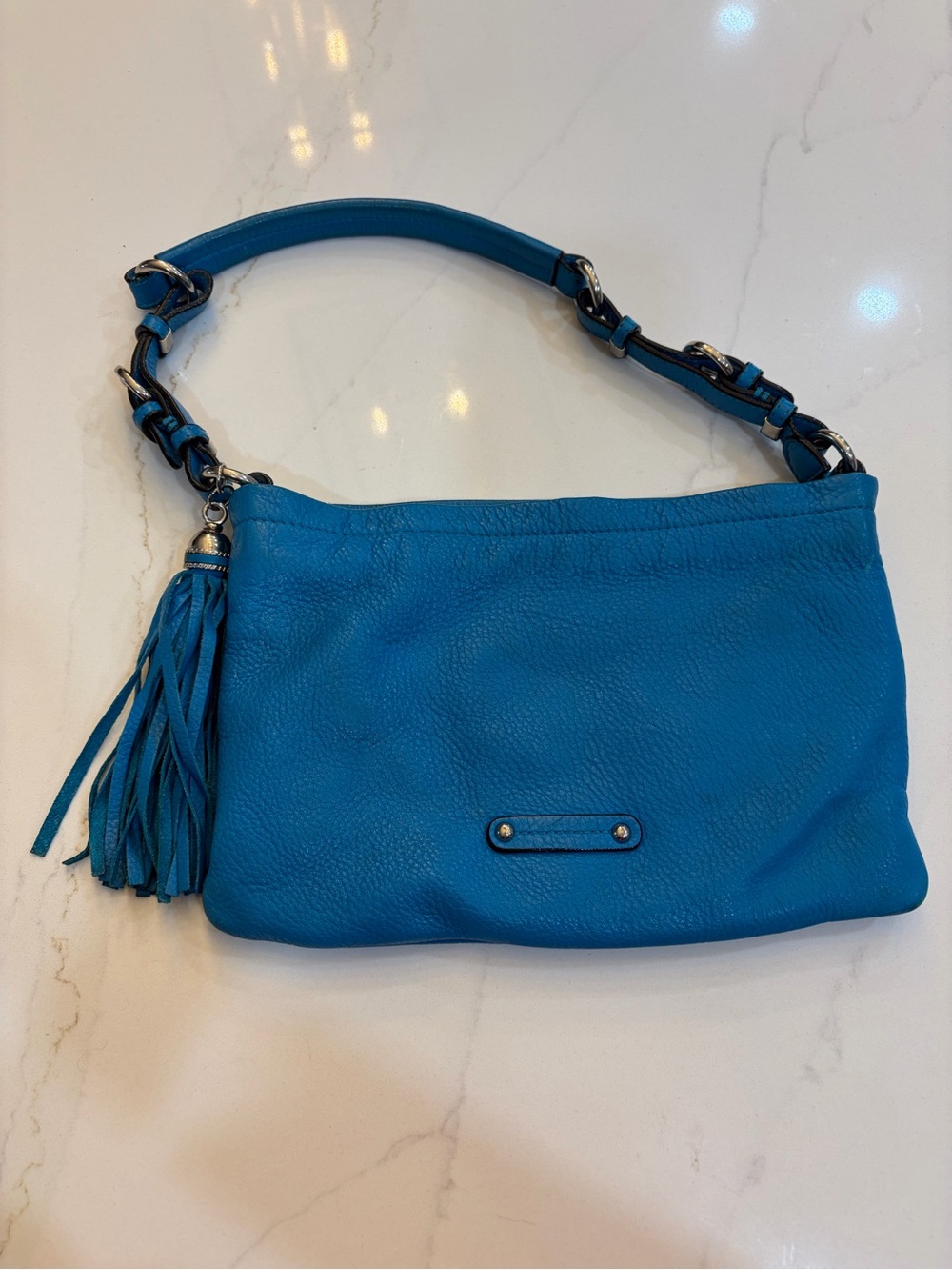 Turquoise Leather Shoulder Bag with Tassel Accent